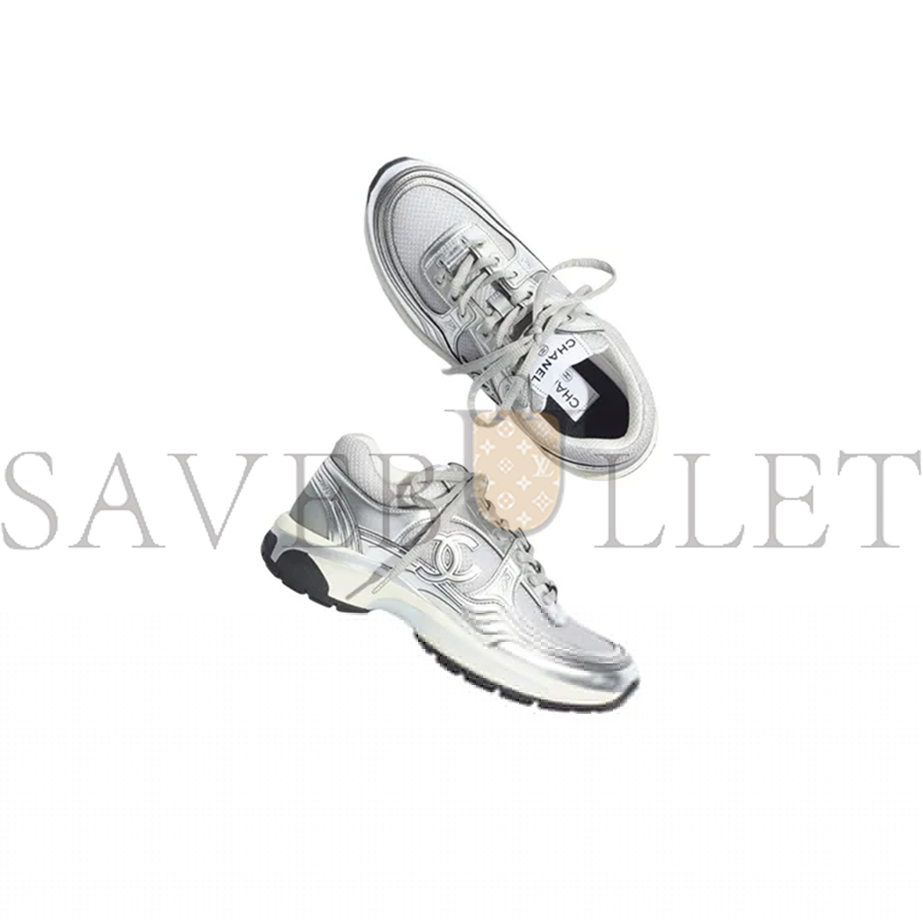 Ch*el fabric laminated calfskin stretch cc sneakers white silver g39792